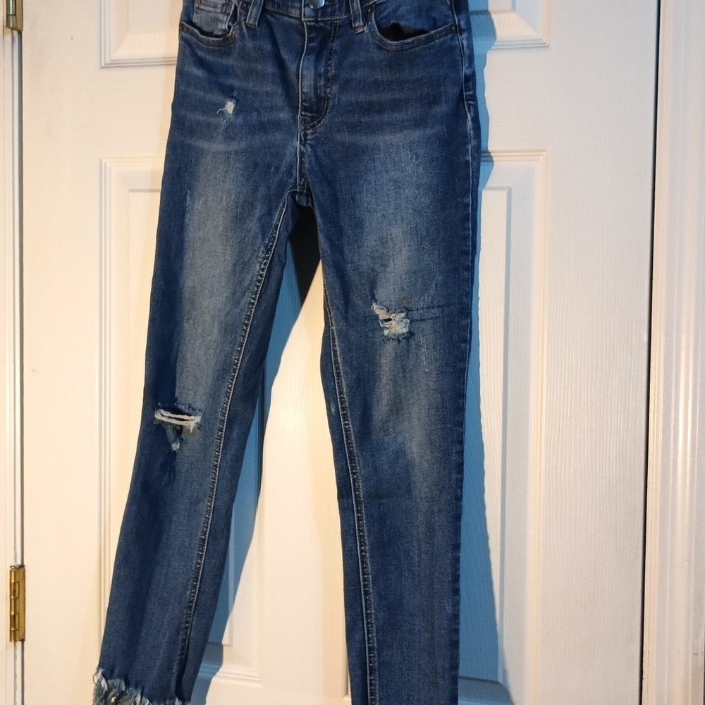 Free People Mid Rise Great Heights Frayed Skinny Jeans Black, 26